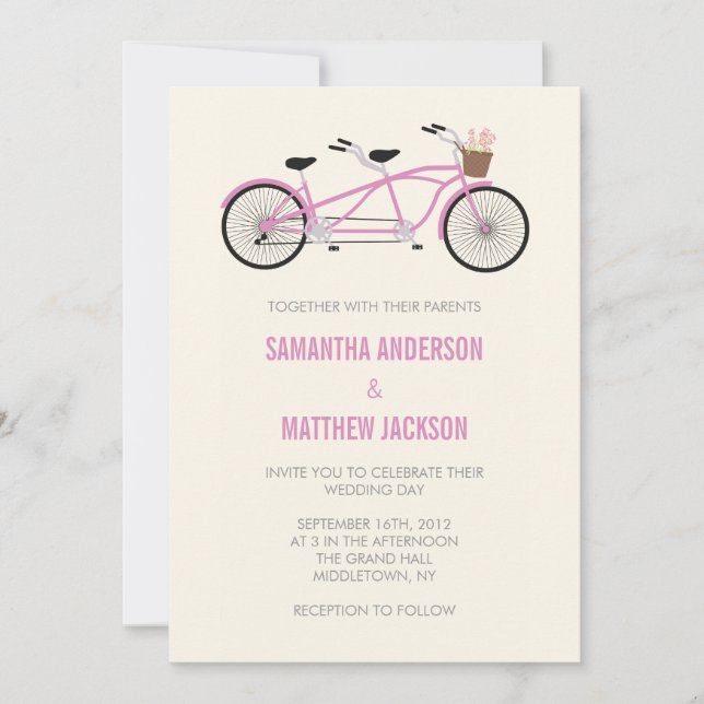 Invitación en tándem de la boda de la bici - rosa (Anverso)