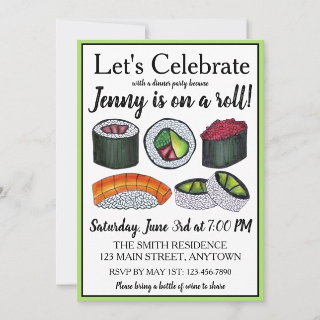 Invitación En una Celebración de Cumpleaños (de Sushi) Roll (Anverso)