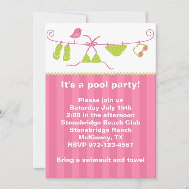 Invitación en verano a bañarse en tonos rosas y ve (Anverso)
