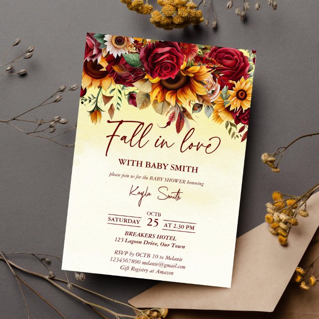 Invitación Enamorada de los girasoles de los rosas de ducha d (Fall in love baby shower template invitation instant download burgundy roses sunflowers yellow ombre)