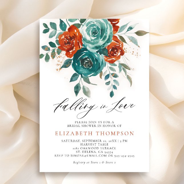 Invitación Enamorada Naranja quemada Verde azulada ducha de n (falling in love bridal shower invitation teal burnt orange terracotta watercolor floral botanical)