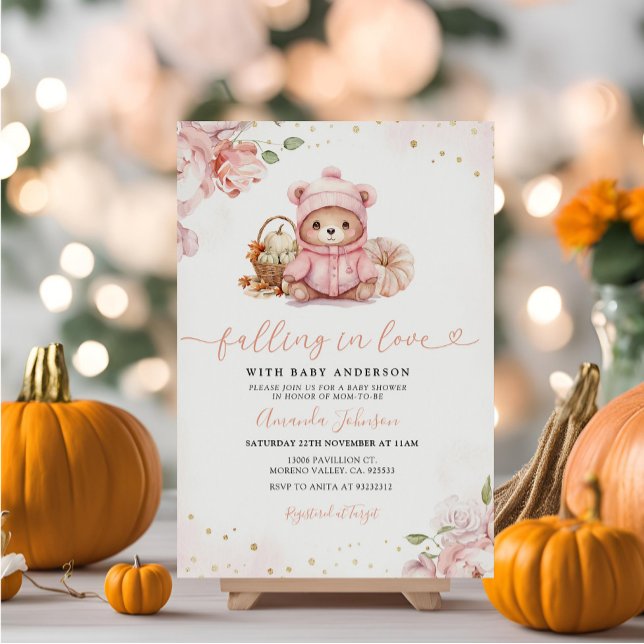 Invitación Enamorándose de Baby Shower de oso de calabaza ros (Subido por el creador)