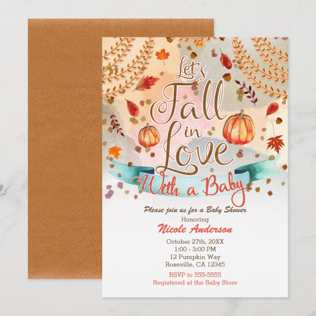 Invitación Enamorémonos de la Baby Shower de calabaza de otoñ (Anverso / Reverso)