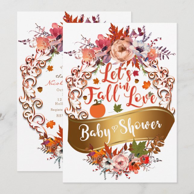 Invitación Enamorémonos del BABY SHOWER floral de otoño (Anverso / Reverso)