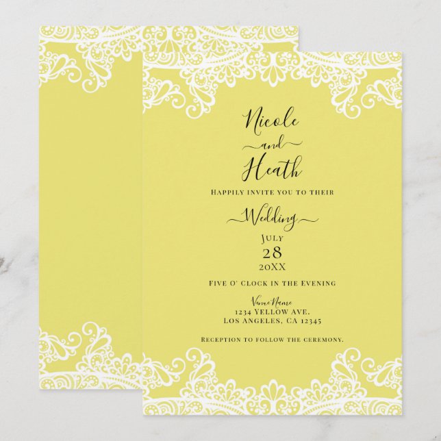 Invitación Encaje Amarillo y Blanco Elegante Boda (Anverso / Reverso)