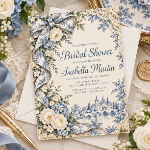 Invitación Encaje Antiguo Floral Azul Toile Francés Vintage 
