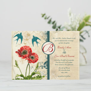 Invitación Encaje Antiguo Lovebirds Damasco Rojo Amapola Boda