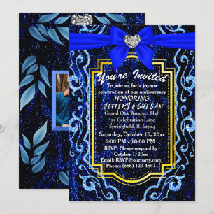 Invitación Encaje Azul Moderno Boho Elegante Aniversario