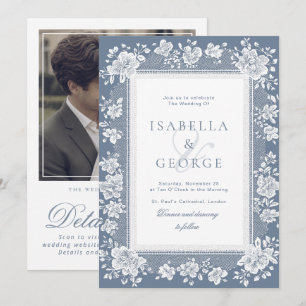 Invitación Encaje Azul Polvo Encaje Old Money QR Foto Boda