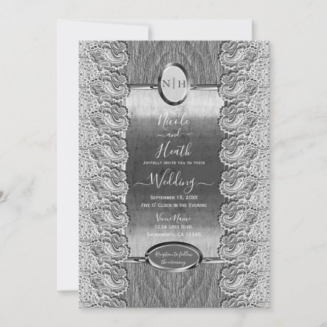 Invitación Encaje Blanco Antiguo Gris Madera Plateada Boda   (Anverso)