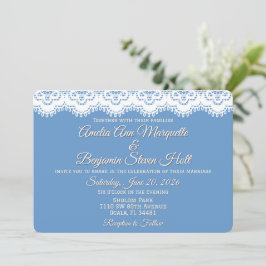 Invitación Encaje blanco chic y boda azul polvoriento
