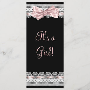 Invitación Encaje Blanco Cinta Rosa Rosa y Negro Baby Shower