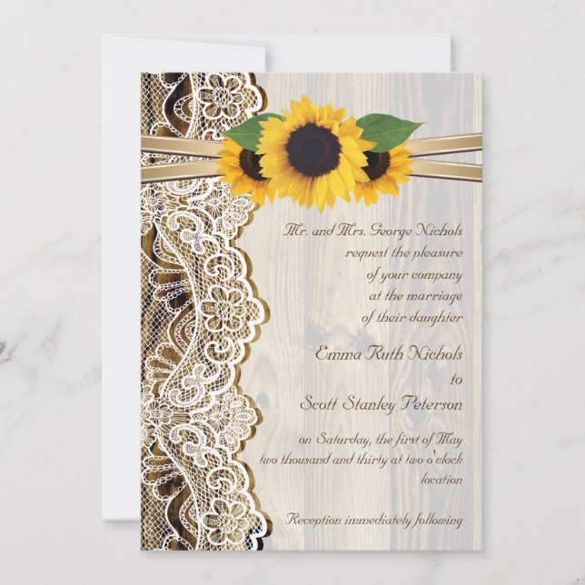 Invitación Encaje blanco, cinta y girasoles en boda de madera (Anverso)