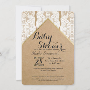 Invitación Encaje blanco, dorado y papel reciclado chic y ele
