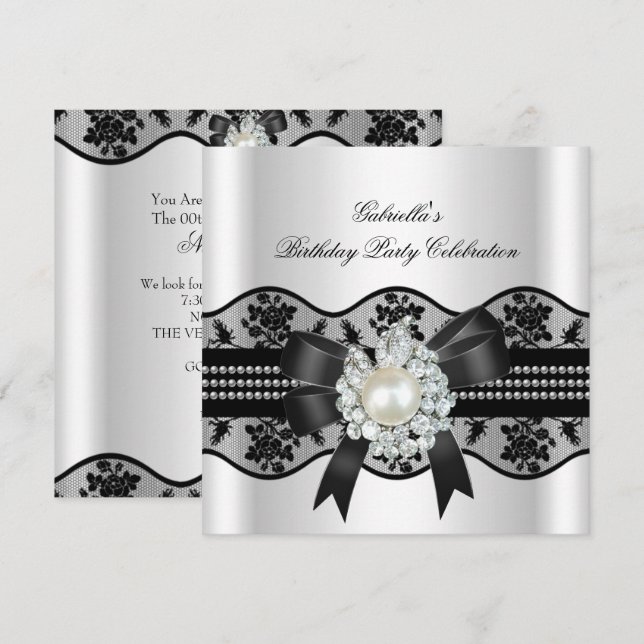 Invitación Encaje Blanco Perla Elegante Fiesta de Cumpleaños (Anverso / Reverso)