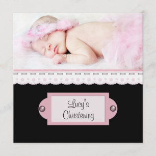 Invitación Encaje Blanco Rosa Foto Niña Negra Bautizo