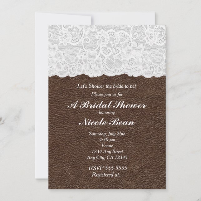 Invitación Encaje Blanco y Cuerina Marrón para Despedida de S (Anverso)