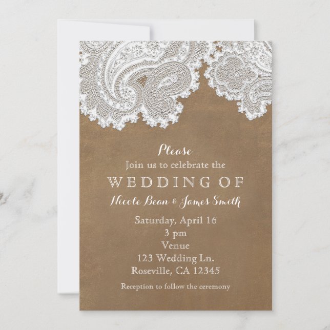 Invitación Encaje Blanco y Cuero Marrón Boda Rústica Chic (Anverso)