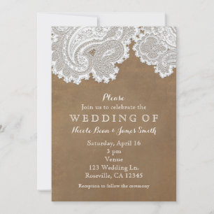 Invitación Encaje Blanco y Cuero Marrón Boda Rústica Chic