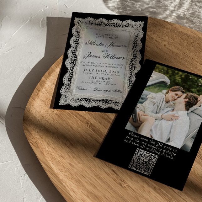 Invitación Encaje Blanco Y Negro Doily Código QR Foto Boda (Subido por el creador)