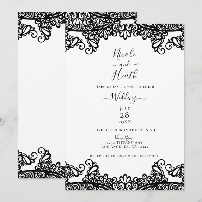 Invitación Encaje Blanco y Negro Elegante Boda (Anverso / Reverso)