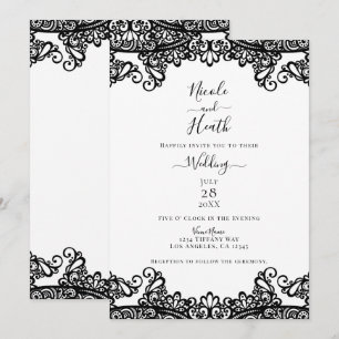 Invitación Encaje Blanco y Negro Elegante Boda