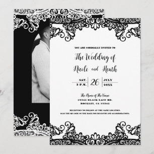Invitación Encaje Blanco y Negro Elegante Chic Boda