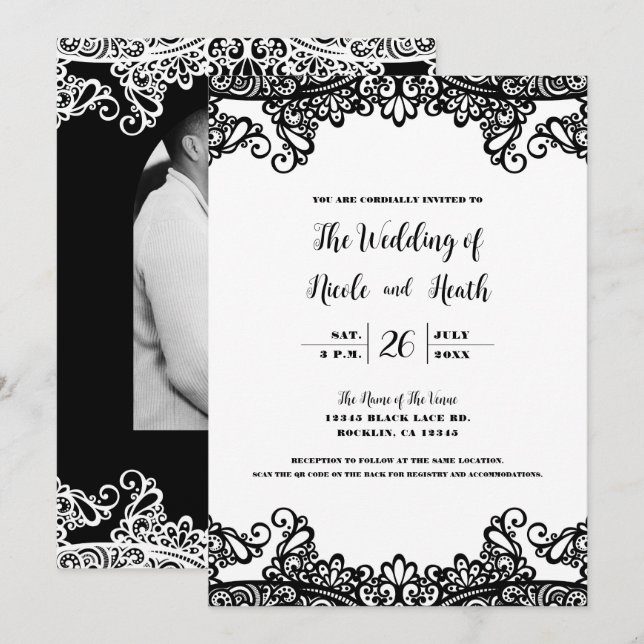 Invitación Encaje blanco y negro Elegante y chic de boda (Anverso / Reverso)