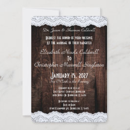 Invitación Encaje Chic Romántico y Madera Oscura Rústica