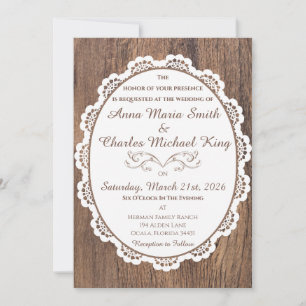 Invitación Encaje Country Chic sobre madera oscura rústica vi