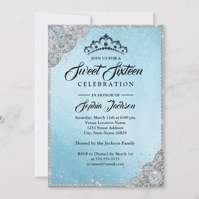 Invitación Encaje de Diamante Brillo Azul Dulces Dieciséis (Anverso)