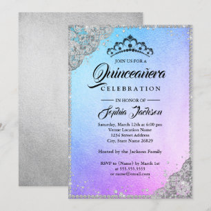 Invitación Encaje de Diamante Brillo Azul Morado Quinceañera