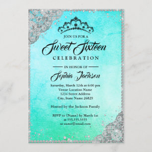 Invitación Encaje de Diamante Brillo Azul Turquesa Dulces Die