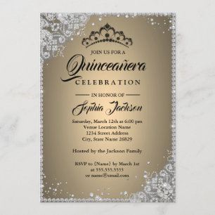 Invitación Encaje de Diamante Brillo Dorado Plata Quinceañera