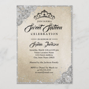 Invitación Encaje de Diamante Brillo Dorado Plateado Cumpleañ