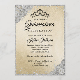 Invitación Encaje de Diamante Brillo Dorado Plateado Quinceañ