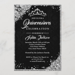 Invitación Encaje de Diamante Brillo Negro Quinceañera Plata