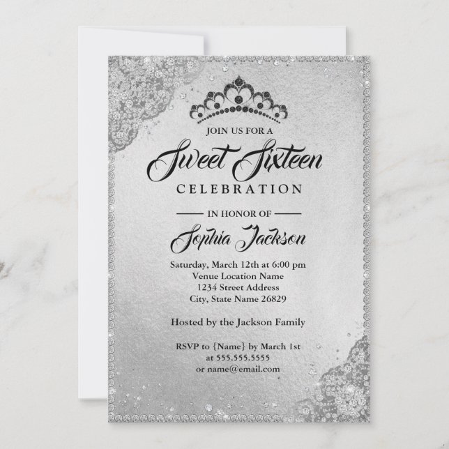 Invitación Encaje de Diamante Brillo Plata Cumpleaños Dulce D (Anverso)