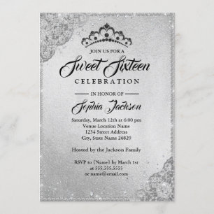 Invitación Encaje de Diamante Brillo Plata Cumpleaños Dulce D
