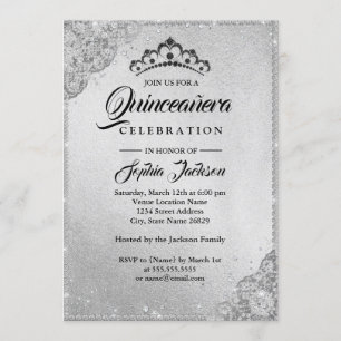 Invitación Encaje de Diamante Brillo Quinceañera de Plata
