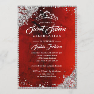Invitación Encaje de Diamante Brillo Rojo Dulces Dieciséis