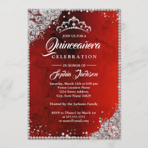 Invitación Encaje de Diamante Brillo Rojo Plata Quinceañera