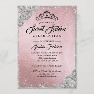 Invitación Encaje de Diamante Brillo Rosa Plata Dulces Diecis