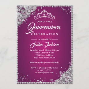 Invitación Encaje de Diamante Brillo Rosa Plata Quinceañera