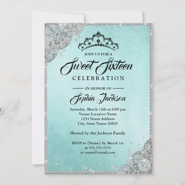 Invitación Encaje de Diamante Brillo Turquesa Plata Dulces Di (Anverso)