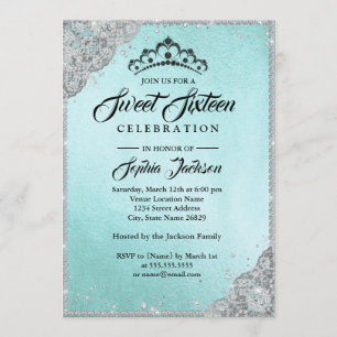 Invitación Encaje de Diamante Brillo Turquesa Plata Dulces Di