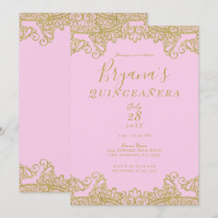 Invitación Encaje de lentejuelas rosa y dorado Elegante Quinc