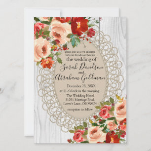 Invitación Encaje de Madera Blanca Rosas Rojas Bodas Rústicas