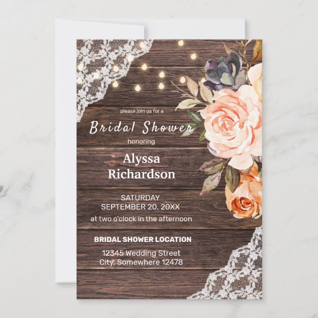 Invitación Encaje de madera, luces de cadena, floral Rubor &  (Anverso)