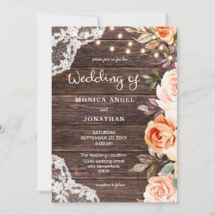 Invitación Encaje de Madera Rosado y Floral de Melocotón con